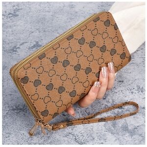 Womens Heart Design Color Brown Pu Leather Two Zipper Wallet